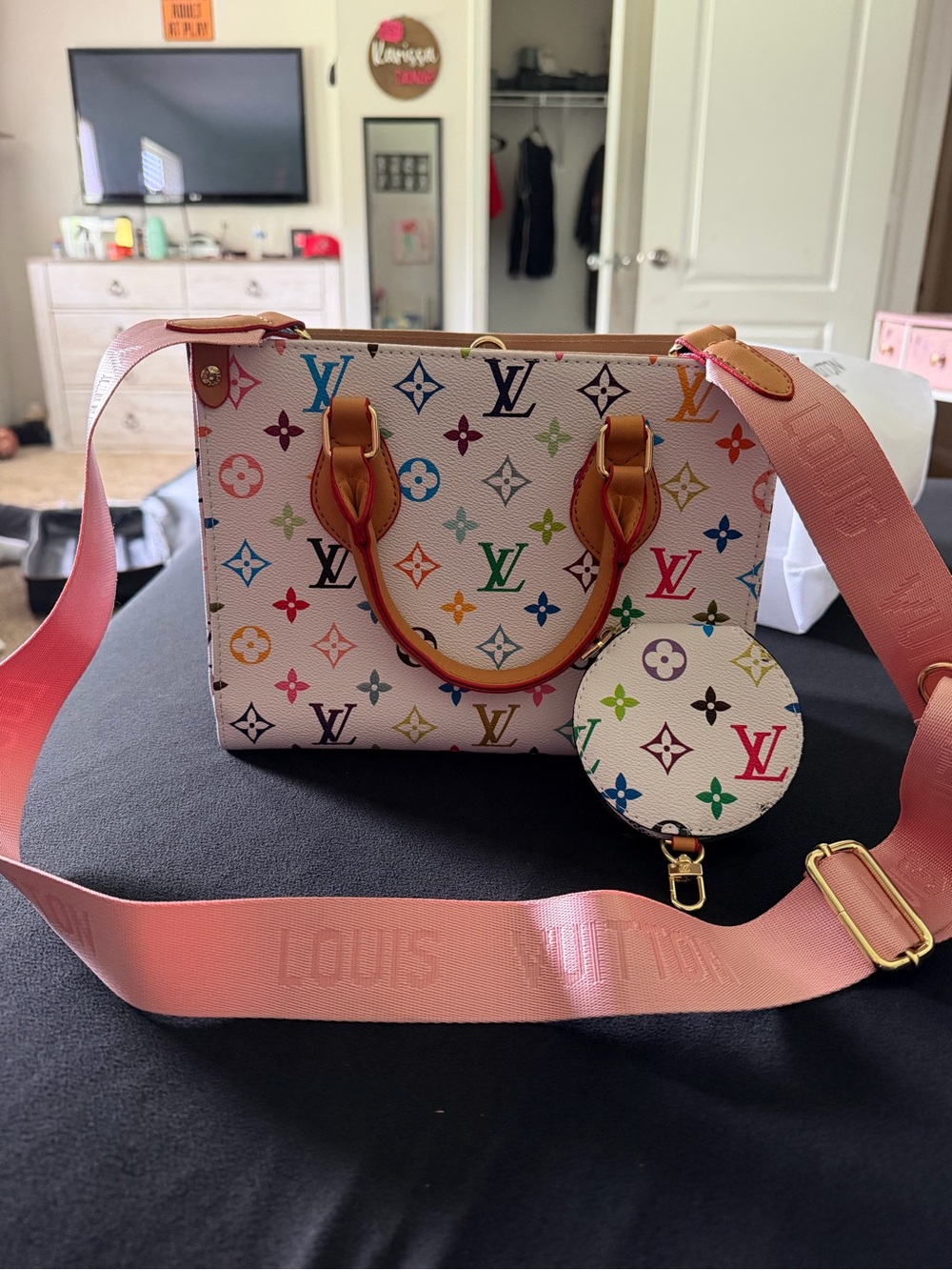 Louis Vuitton Multicolor Monogram Satchel with Pink Strap